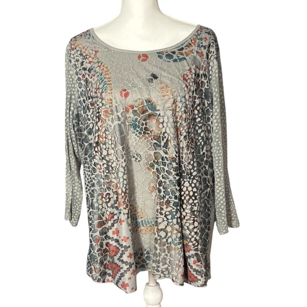 Ali Miles Top Size 1X Layered Mesh Animal Print Aztec Gray Boho Artsy Semi Sheer
